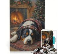 Puzzle da 1000 pezzi per adulti: cane da montagna bernese che dorme accanto a un camino natalizio, gioco rompicapo, difficile, per rafforzare l'amore tra le coppie 50x75cm