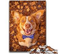 Puzzle da 1000 pezzi per adulti Cane tra le foglie cadute Difficile da completare ma divertente e umoristico, con poster abbinato e foglio di quiz 26x38cm