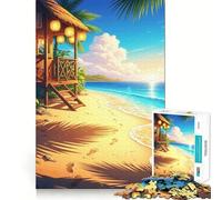 Puzzle da 1000 pezzi per adulti Capanna tropicale sulla spiaggia al tramonto, stile Chibi, ritaglio preciso, gioco divertente che stimola la mente, svago e attività per compleanno (38x52cm)