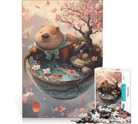 Puzzle da 1000 pezzi per adulti: capibara in una ciotola con carpe koi e fiori di ciliegio, antistress, sfida impegnativa, ideale come regalo per tutta la famiglia 38x26cm