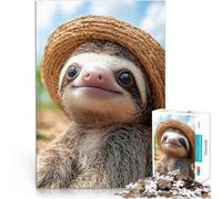 Puzzle da 1000 pezzi per adulti Carino bradipo con cappello di paglia Analisi e logica con pezzi completamente interconnessi di forma casuale 75x50cm