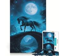 Puzzle da 1000 pezzi per adulti Cavalcata del cavallo nero tra le stelle,taglio preciso,gioco di logica e pensiero creativo,svago e divertimento,scena natalizia 38x52cm