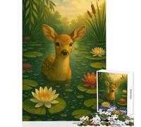 Puzzle da 1000 pezzi per adulti "Cerbiatto nello stagno delle ninfee" giocattolo educativo opera d'arte regalo giochi per famiglie con poster abbinato e foglio di quiz dimensioni 50x75cm