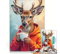 Puzzle da 1000 pezzi per adulti: Cervo che si gusta il caffè del mattino, gioco rompicapo, decorazione per la casa, compleanno e Natale 50x75cm