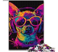 Puzzle da 1000 pezzi per adulti Chihuahua DJ Neon in legno, per adolescenti dai 14 anni in su, decorazione per la casa 50x75cm per compleanni, feste e occasioni speciali