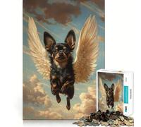 Puzzle da 1000 pezzi per adulti Chihuahua nero con ali d'angelo,taglio preciso,gioco di logica,svago,scena natalizia 38x26cm