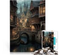 Puzzle da 1000 pezzi per adulti Città medievale di notte Fatto di legno per età 14+ Gioco di puzzle Offerti come regali per tutta la famiglia misurare：50x75cm