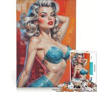 Puzzle da 1000 pezzi per adulti con affascinante pin-up bionda in abito blu, gioco educativo, impegnativo da completare, ideale per compleanno e Natale 50x75cm