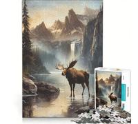 Puzzle da 1000 pezzi per adulti con alce in un paesaggio montano con lago giocattolo fai da te ideale per passare il tempo durante le vacanze compleanni e altre occasioni 50x75cm