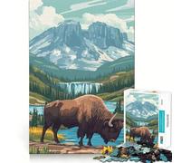 Puzzle da 1000 pezzi per adulti con bisonte vicino a una cascata,disegno preciso,gioco di logica,regalo per momenti di relax,divertente regalo di Natale (38x26cm)