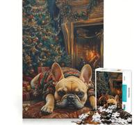 Puzzle da 1000 pezzi per adulti con bulldog natalizio accanto al camino, gioco rompicapo, assemblaggio di modelli, per rafforzare l'amore tra le coppie 50x75cm