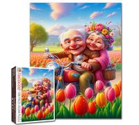 Puzzle da 1000 pezzi per adulti con campo di tulipani, fiori e coppie anziane romantiche, arte vibrante impegnativa, decorazione per la casa regalo