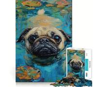 Puzzle da 1000 pezzi per adulti con carlino che nuota tra le ninfee, gioco stimolante per la mente, antistress, decorazione murale con ritagli trasparenti (38x26cm)