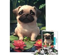 Puzzle da 1000 pezzi per adulti con carlino e rana su ninfee giocattolo educativo per l'apprendimento degli animali gioco per famiglie difficile ideale come regalo di Babbo Natale segreto (38x52cm)