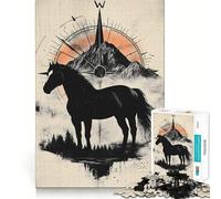 Puzzle da 1000 pezzi per adulti con cavallo nero e bussola,design pulito e decorativo,attività stimolante per la mente,gioco rilassante,regalo festivo per il tempo libero 38x26cm