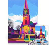 Puzzle da 1000 pezzi per adulti con chiesa e tram colorati in stile pop art, gioco pratico, attività divertenti da fare a casa, ideale come regalo per tutta la famiglia 38x26cm