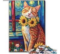 Puzzle da 1000 pezzi per adulti con cielo notturno, girasole e gatto, puzzle in cartone per adulti, Capodanno, regalo per le feste (dimensioni 26x38cm)