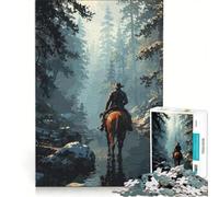 Puzzle da 1000 pezzi per adulti con cowboy a cavallo in un ruscello nella foresta, gioco educativo, difficile e stimolante, regalo di Natale o compleanno 50x75cm