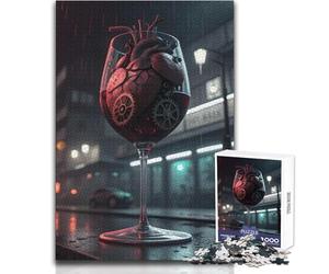 Puzzle da 1000 pezzi per adulti con cuore meccanico in un bicchiere da vino, rompicapo per famiglie, ma anche giocattolo educativo divertente e umoristico, dimensioni 38x52cm