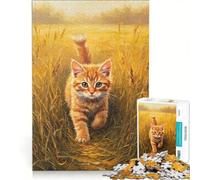Puzzle da 1000 pezzi per adulti con dipinto di un gattino rosso in un campo dorato, ideale per rilassarsi, divertirsi a casa e rafforzare il legame di coppia 50x75cm