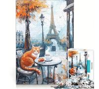 Puzzle da 1000 pezzi per adulti con dipinto di un gatto in un caffè di Parigi, antistress, sfida impegnativa, ideale come regalo per tutta la famiglia 38x26cm