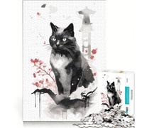 Puzzle da 1000 pezzi per adulti con dipinto di un gatto nero giapponese, gioco pratico, assemblaggio di modelli, compleanni e occasioni speciali 38x26cm