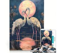 Puzzle da 1000 pezzi per adulti con dipinto di una coppia di cicogne sotto la luna rosa gioco pratico migliora la memoria compleanni e altre occasioni 38x52cm