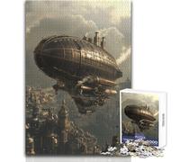Puzzle da 1000 pezzi per adulti con dirigibile steampunk sopra la città, gioco di apprendimento strategico, significativo per qualsiasi evento, dimensioni 38x26cm