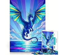 Puzzle da 1000 pezzi per adulti con drago blu e illustrazione in vetro colorato,design pulito e compatto,divertente attività per la mente,gioco rilassante,regalo festivo per il tempo libero 38x52cm