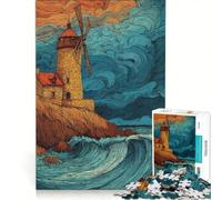 Puzzle da 1000 pezzi per adulti con faro e mulino a vento in riva al mare gioco divertente interazione genitore-figlio ogni pezzo è unico 50x75cm