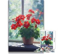 Puzzle da 1000 pezzi per adulti con fiori di geranio rosso vicino alla finestra, ideale per momenti di relax e tranquillità, taglio pulito e uniforme, giocattolo per il tempo libero, 38x26cm