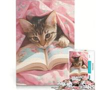 Puzzle da 1000 pezzi per adulti con gattino che legge un libro sotto una coperta floreale giochi educativi decorazione per la casa collezione d'artista belle arti 38x26cm