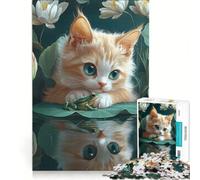 Puzzle da 1000 pezzi per adulti con gattino e rana su una ninfea e gatto Cornish Rex Un gioco rilassante divertente e spiritoso ideale come regalo 38x26cm