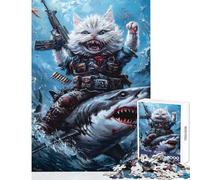 Puzzle da 1000 pezzi per adulti con gatto che cavalca uno squalo Gioco divertente per tutta la famiglia giocattolo educativo adatto come decorazione da scrivania (26x38cm)