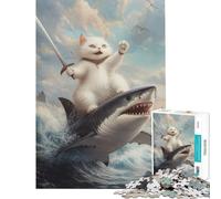 Puzzle da 1000 pezzi per adulti con gatto che cavalca uno squalo gioco impossibile gioco educativo sfida giocattolo divertente regalo migliora la memoria (dimensioni 38x52cm)