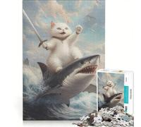 Puzzle da 1000 pezzi per adulti con gatto che cavalca uno squalo, gioco rompicapo, stimolante da completare, per rafforzare l'amore tra le coppie 50x75cm
