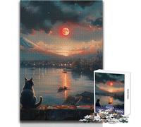 Puzzle da 1000 pezzi per adulti con gatto che guarda il tramonto sul Giappone, gioco educativo per allenare la mente, regalo a sorpresa ideale per i propri cari, dimensioni 38x52cm