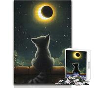 Puzzle da 1000 pezzi per adulti con gatto che osserva l'eclissi solare, dipinto, rilassante, tranquillo, divertente, da ritagliare con precisione, giocattolo da gioco, dimensioni 38x52cm