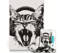 Puzzle da 1000 pezzi per adulti con gatto con cuffie e ruggito,illustrazione dai tagli netti,sfida per la mente,divertente gioco per il tempo libero,regalo di compleanno (50x75cm)