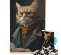 Puzzle da 1000 pezzi per adulti con gatto con occhiali che legge, gioco per famiglie, gara di velocità manuale, adatto come decorazione da scrivania 50x75cm