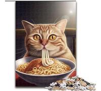 Puzzle da 1000 pezzi per adulti con gatto divertente che mangia ramen, idea regalo per le feste, opera d'arte umoristica, disegno dettagliato, dimensioni 38x26cm