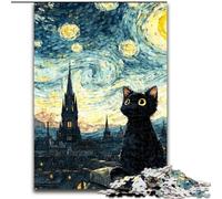 Puzzle da 1000 pezzi per adulti con gatto nel cielo notturno, in legno, idea regalo per le feste, opera d'arte umoristica, disegno dettagliato, dimensioni 50X75cm