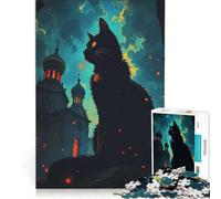 Puzzle da 1000 pezzi per adulti con gatto nero e chiesa dell'Europa orientale, gioco pratico, divertente antistress, compleanni e occasioni speciali 38x52cm