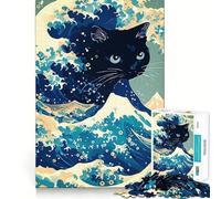 Puzzle da 1000 pezzi per adulti con gatto nero e la parodia della Grande Onda,taglio preciso,divertente gioco di logica,attività per il tempo libero e il compleanno (38x26cm)