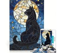 Puzzle da 1000 pezzi per adulti con gatto nero e vetrata artistica, gioco rompicapo, difficile, per rafforzare l'amore tra le coppie 38x26cm