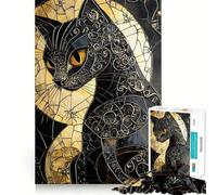 Puzzle da 1000 pezzi per adulti con gatto nero e vetrata artistica,taglio preciso,gioco di logica e pensiero,svago e divertimento,scena natalizia 38x52cm
