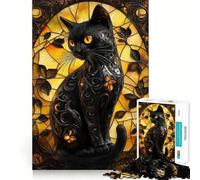 Puzzle da 1000 pezzi per adulti con gatto nero e vetrata artistica,taglio preciso,gioco di logica e pensiero,svago e divertimento,scena natalizia 38x26cm