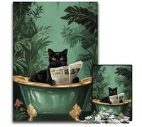 Puzzle da 1000 pezzi per adulti con gatto nero in bagno, puzzle in legno, giochi educativi, con poster abbinato e foglio di quiz per età dai 14 anni in su, 50x75cm
