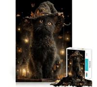 Puzzle da 1000 pezzi per adulti con gatto nero,strega e foglie autunnali Gioco dai bordi netti,stimolante per la logica,gioco di inattività,decorazione natalizia 38x26cm