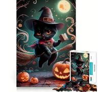 Puzzle da 1000 pezzi per adulti con gatto nero,strega,Halloween,a incastro,gioco stimolante per la mente,regalo perfetto per momenti di relax e divertimento per il compleanno 38x26cm